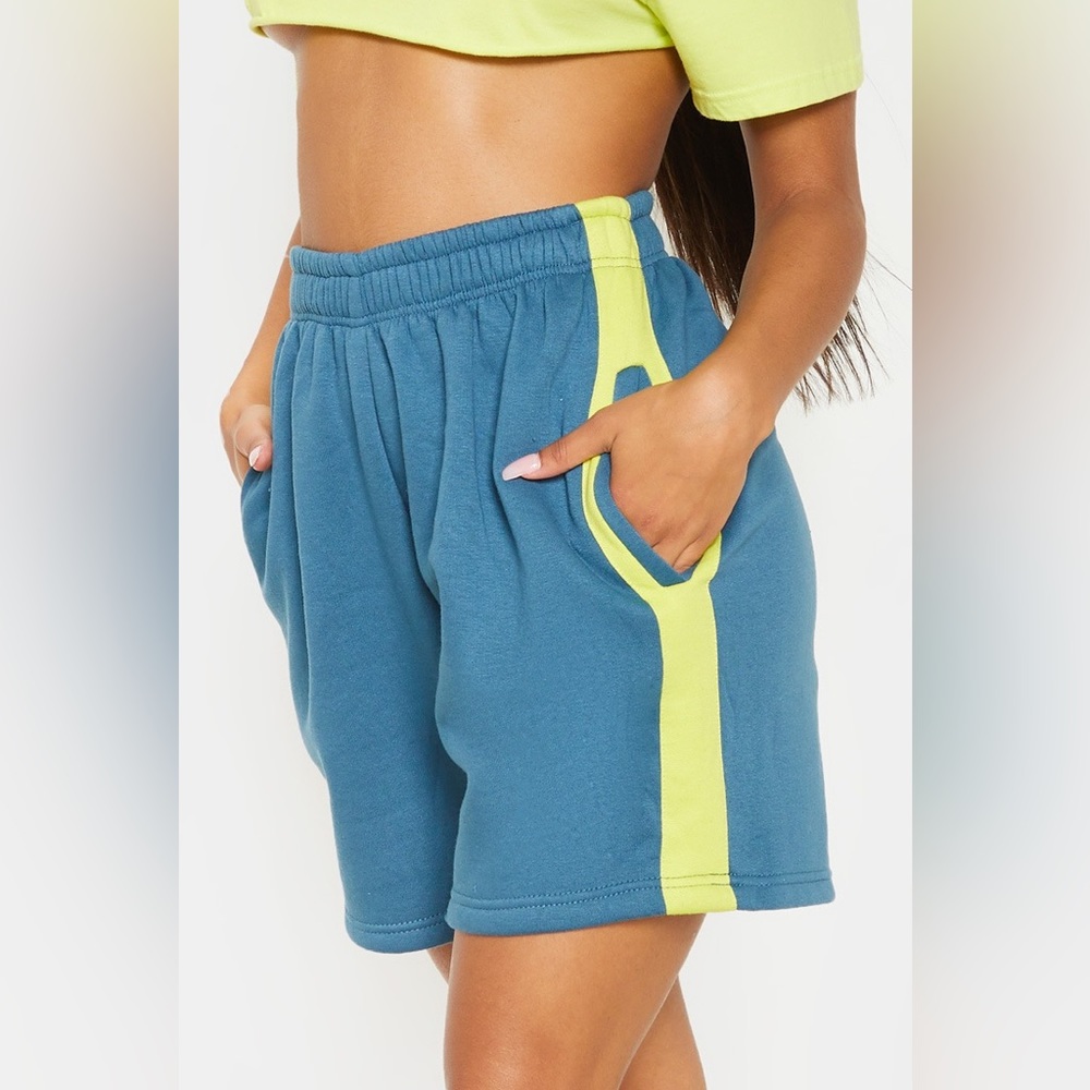 Blue Shorts with lime green stripes